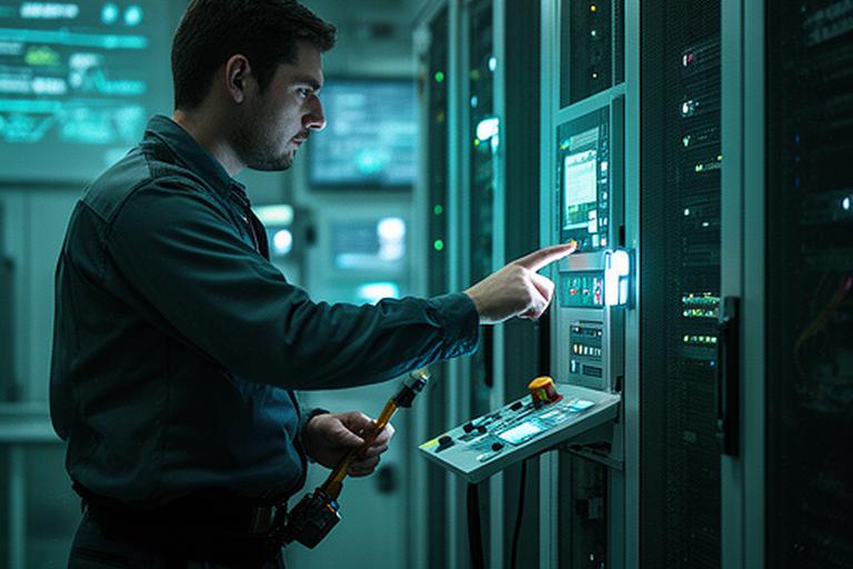 Technician setting up an automation dashboard beside server cabinets