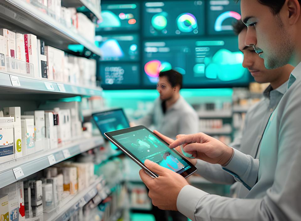 Retail team using tablets beside stocked shelves and live sales dashboards