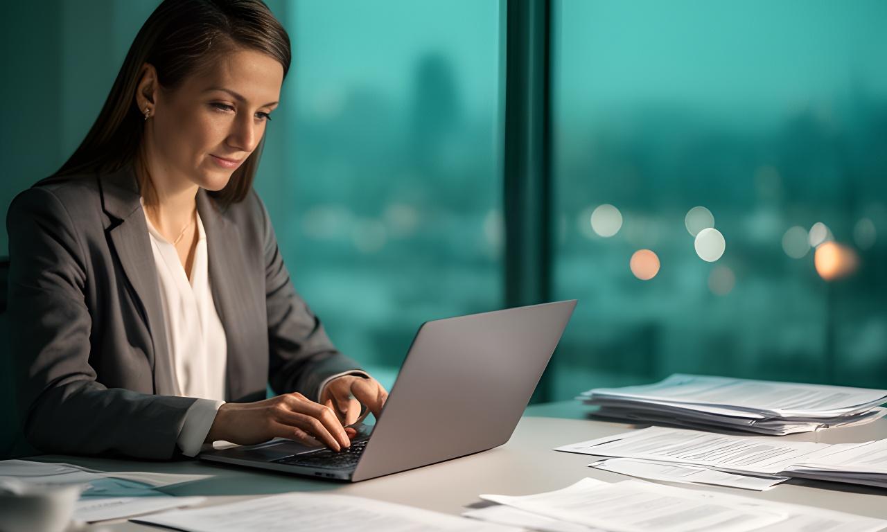 A privacy officer reviewing data records on a laptop in a tidy office with paperwork and a city light through the window
