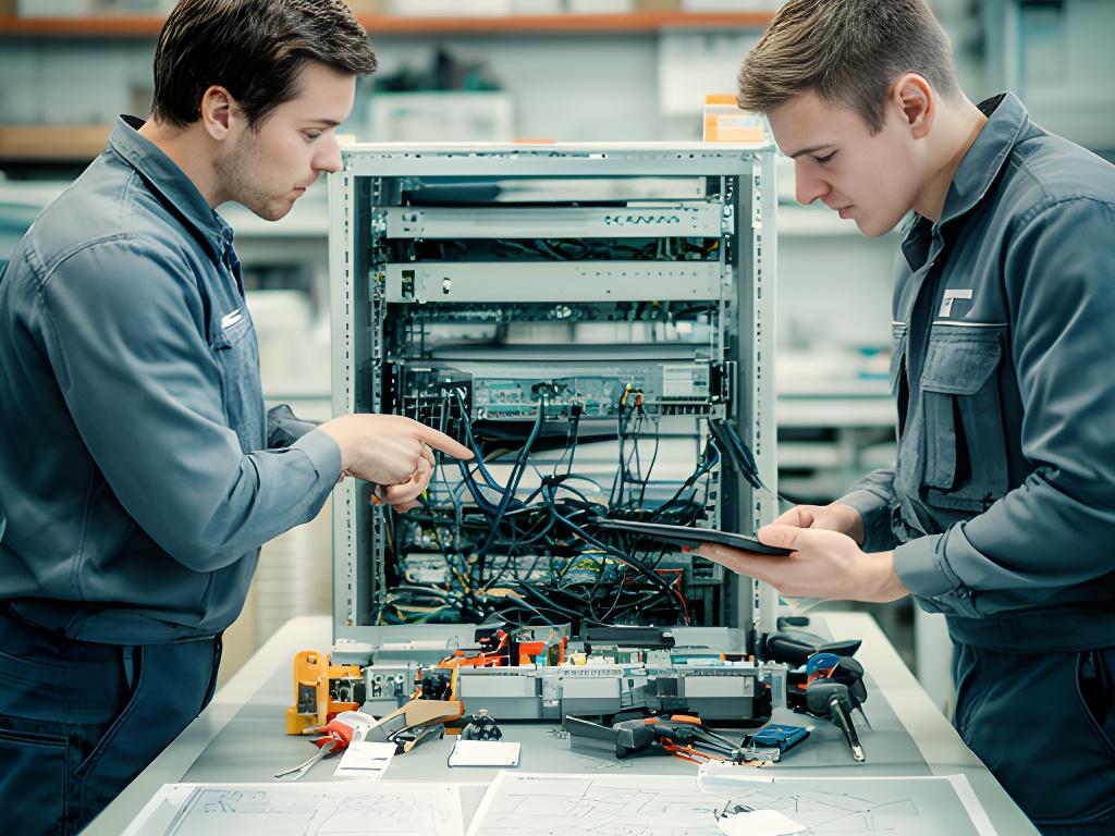 Two technicians reviewing network diagrams beside a rack in a tidy workshop