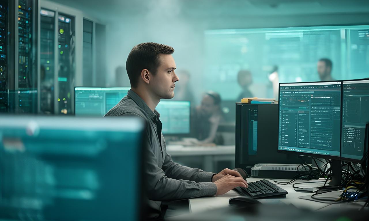 Cloud engineer monitoring a live systems dashboard in a modern operations room