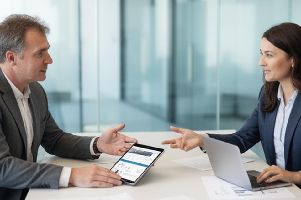Two business people meeting in a glass-walled room with notes, a tablet and a laptop on the table