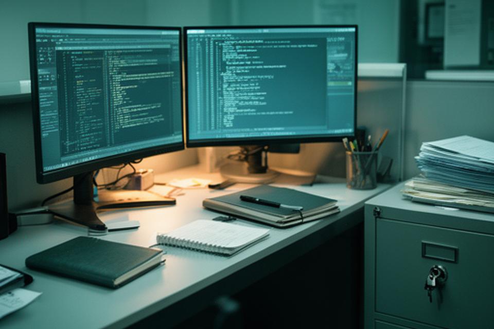 A secure office workstation with dual monitors, notebooks, and a locked filing cabinet beside the desk