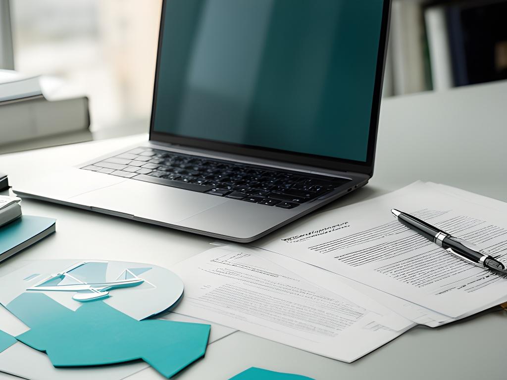 Laptop on a clean office desk with legal pages open beside a notebook and pen