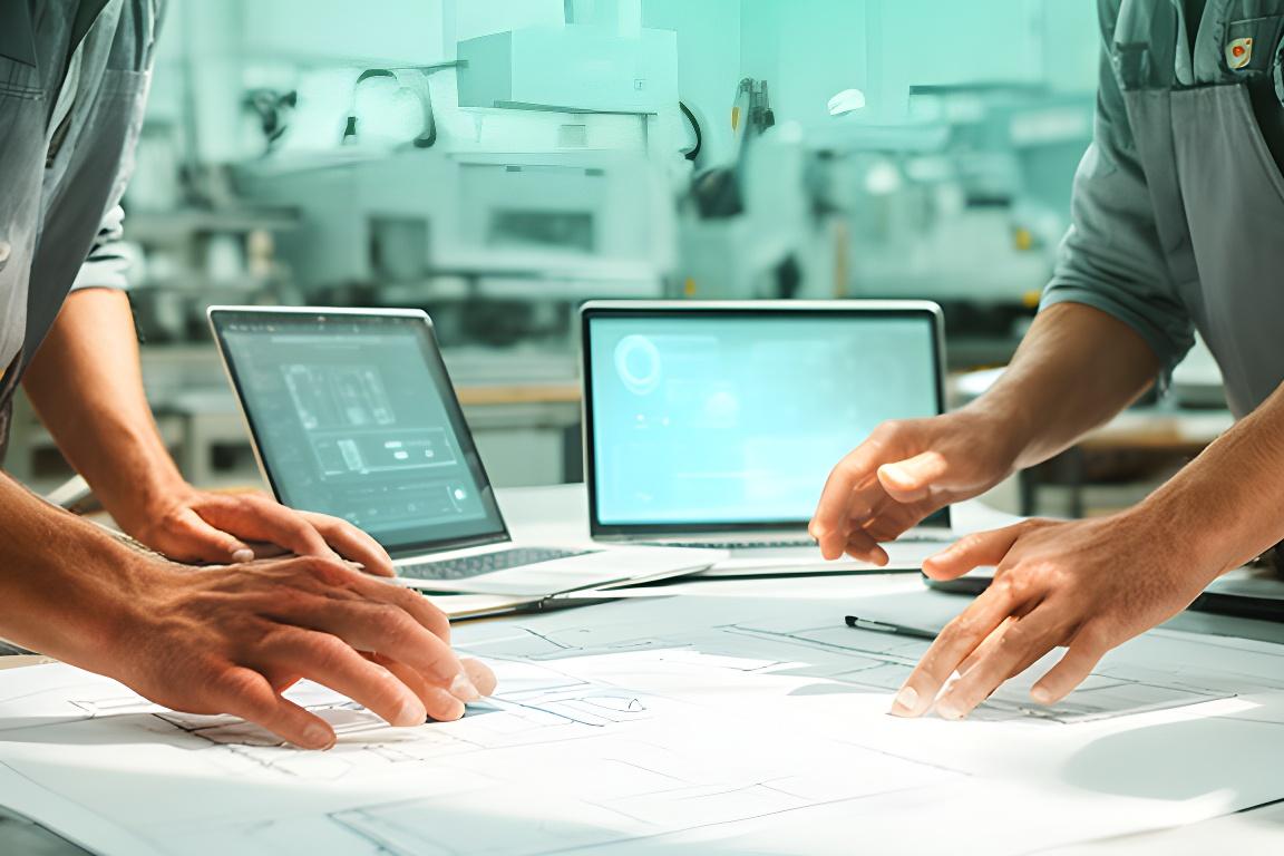 Engineers reviewing a system plan in a bright Grimsby workshop with laptops and printed diagrams