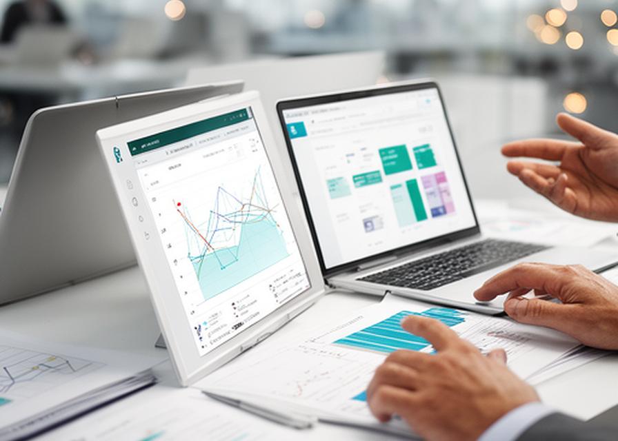 Consultants reviewing performance charts at a desk with notes and laptops