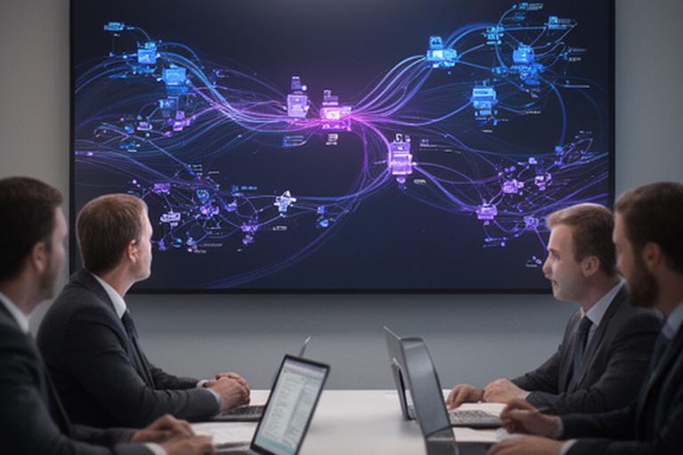 Business analysts connecting software systems on a large wall display