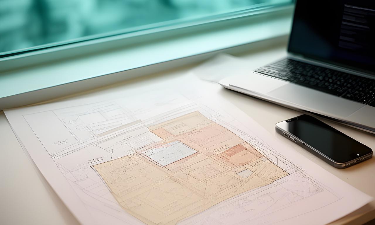 Desk workspace with a paper site plan, laptop and phone beside a window overlooking Grimsby