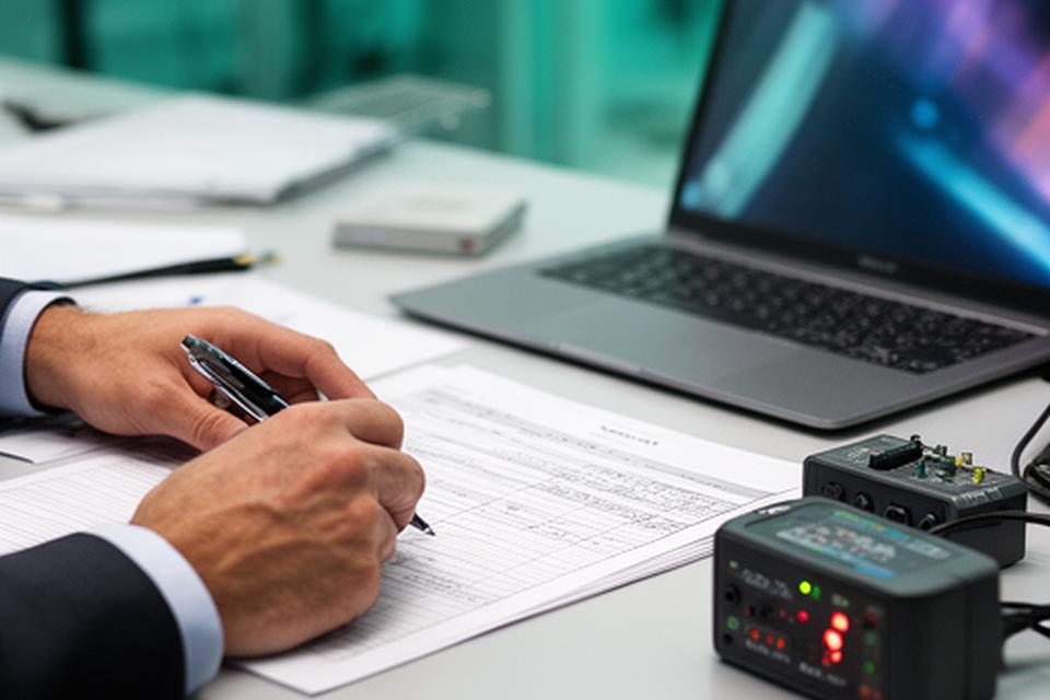 Close view of a consultant marking up a network audit sheet beside a laptop and test equipment
