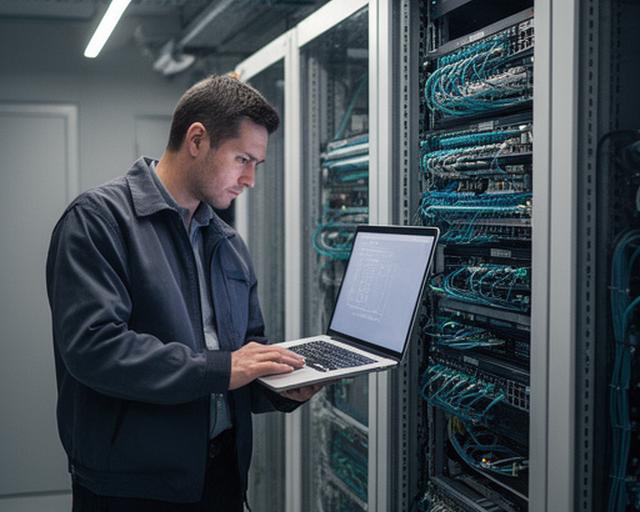 Engineer reviewing network diagrams on a laptop beside rack equipment in a tidy server room