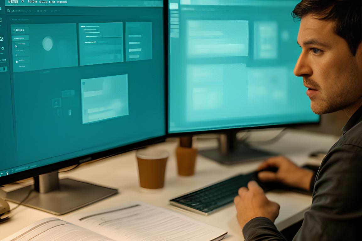Support engineer reviewing implementation notes beside a dual-screen setup with annotated diagrams